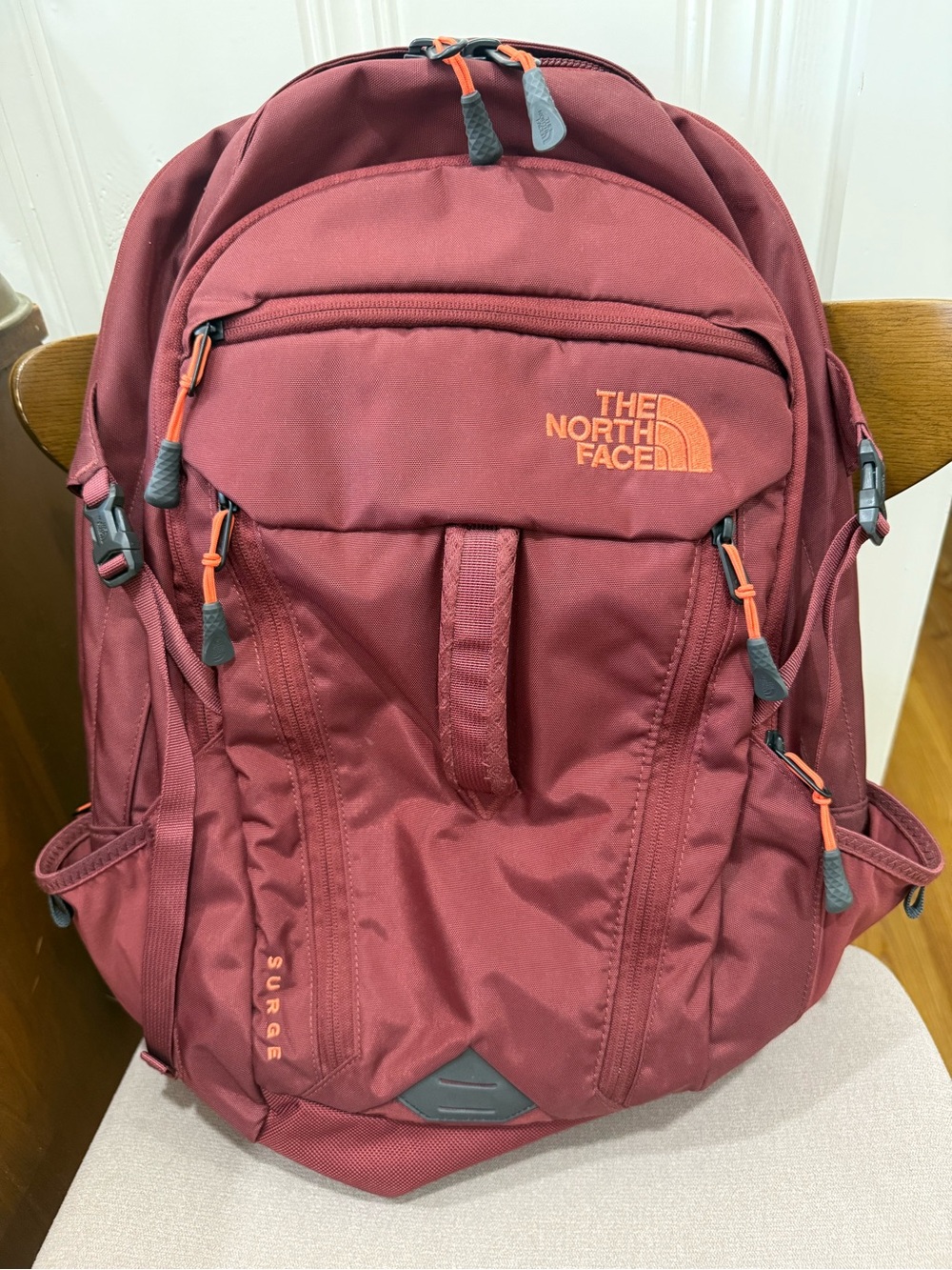 The North Face Surge Backpack Maroon w/ Orange Accents